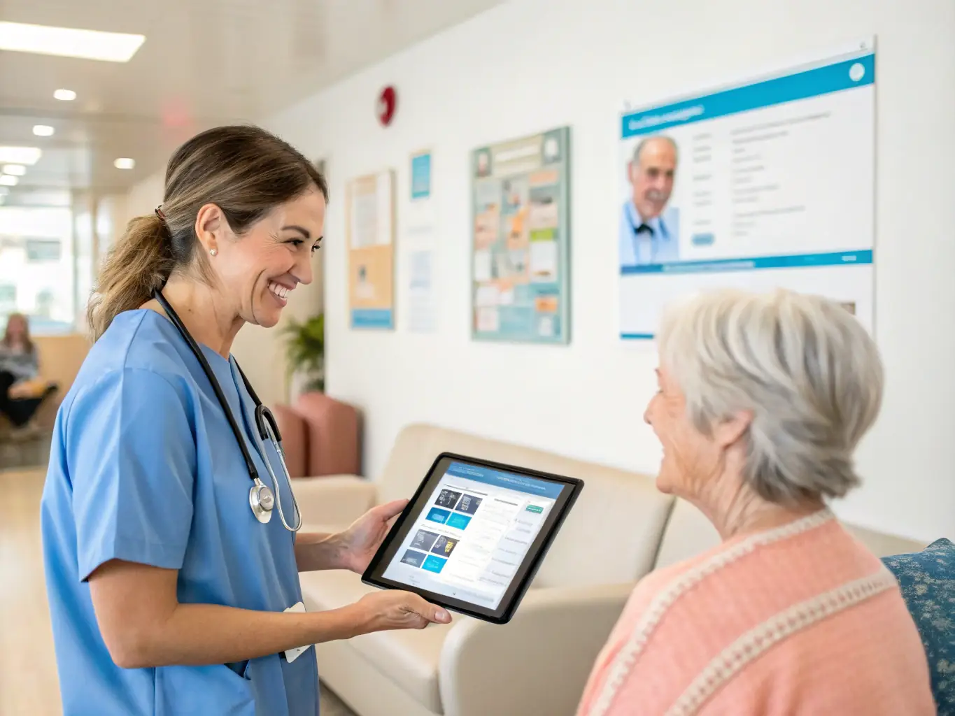A visually appealing image depicting a friendly AI chatbot interface assisting a patient with scheduling an appointment on a smartphone, set against a modern clinic background.